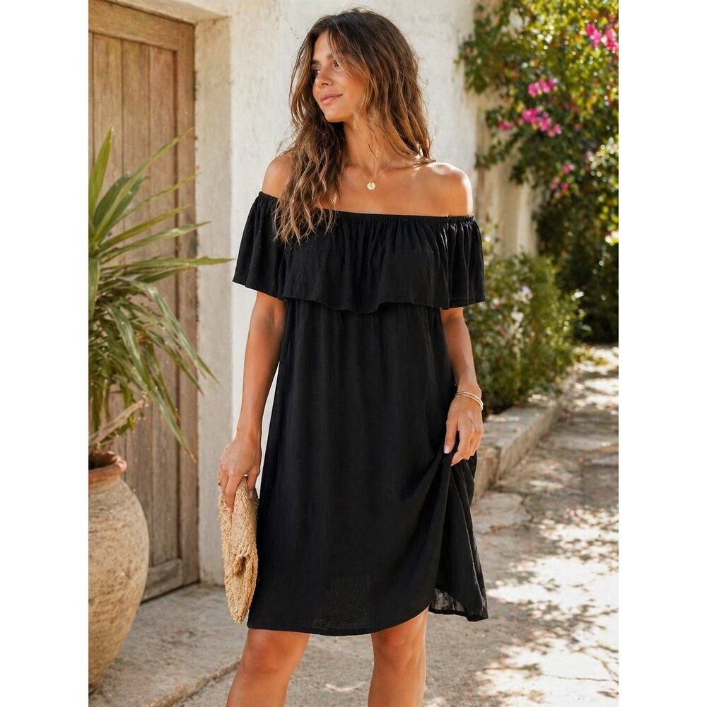 Young Fabulous & Broke Penelope Off The Shoulder Black Ruffle Mini Dress M Party